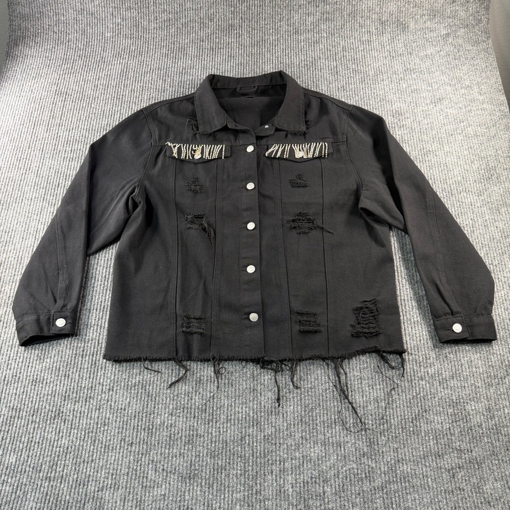 Kroix Denim Jacket Womens 2X Black Excellent Distressed Rhinestone Fringe Edgy